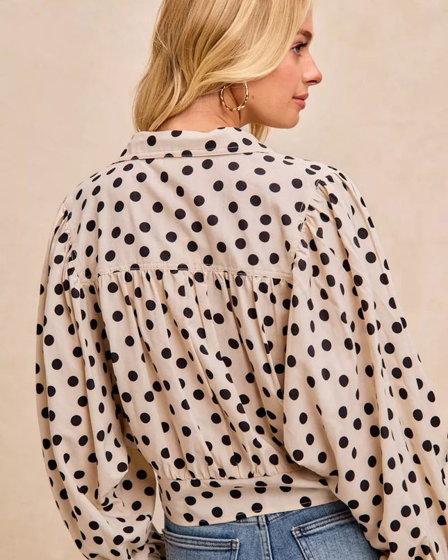 BiBi Polka Dot Print Tie Hem Detail Crop Shirt - Sleekdenim.com