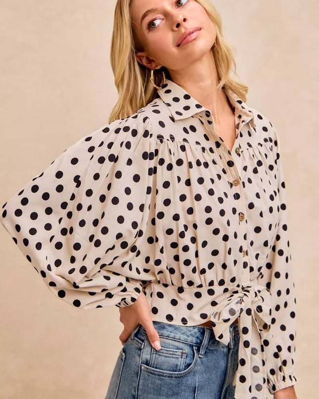 BiBi Polka Dot Print Tie Hem Detail Crop Shirt - Sleekdenim.com