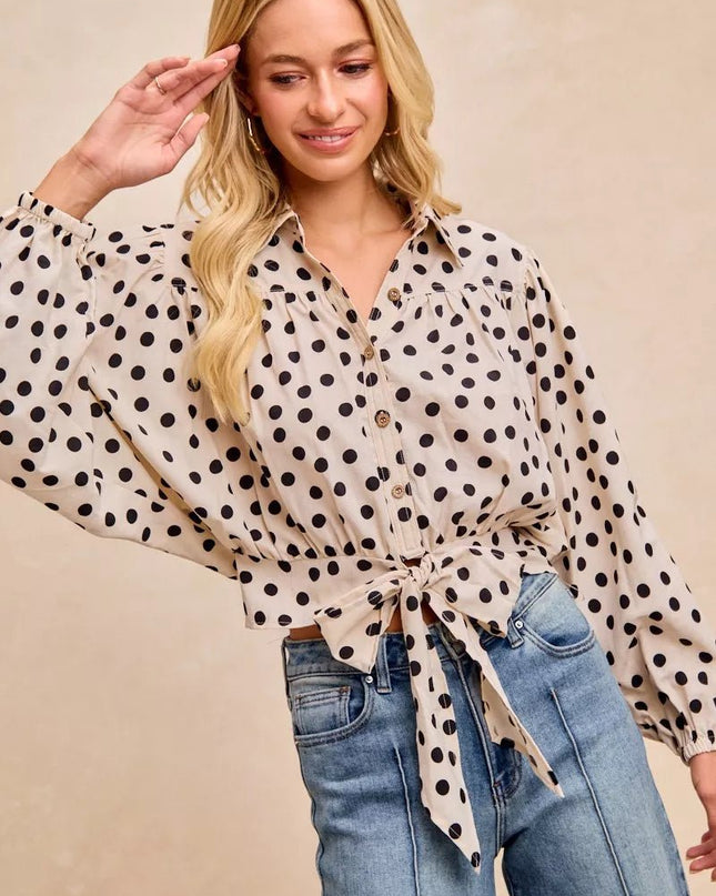 BiBi Polka Dot Print Tie Hem Detail Crop Shirt - Sleekdenim.com