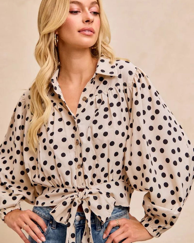 BiBi Polka Dot Print Tie Hem Detail Crop Shirt - Sleekdenim.com