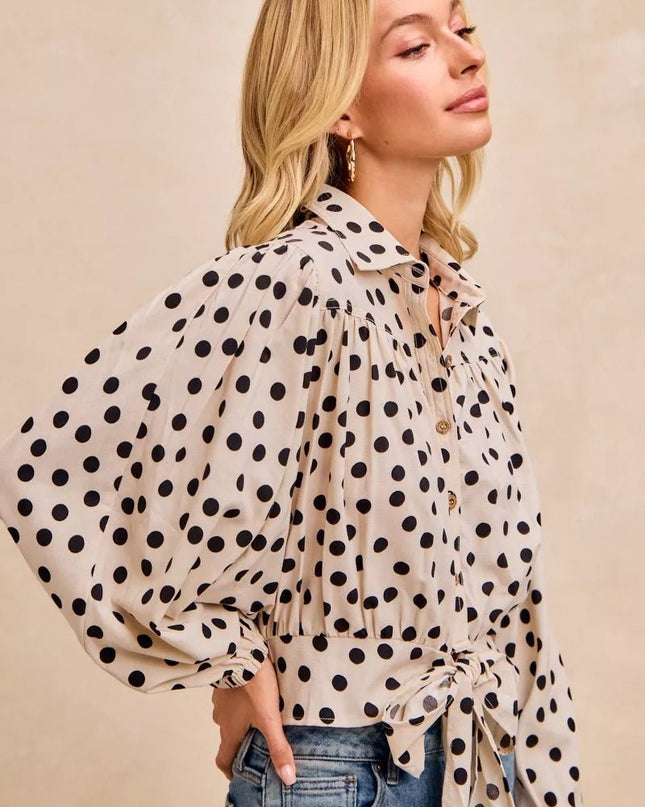 BiBi Polka Dot Print Tie Hem Detail Crop Shirt - Sleekdenim.com