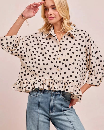 BiBi Polka Dot Printed Peplum Top with Front Button - Sleekdenim.com