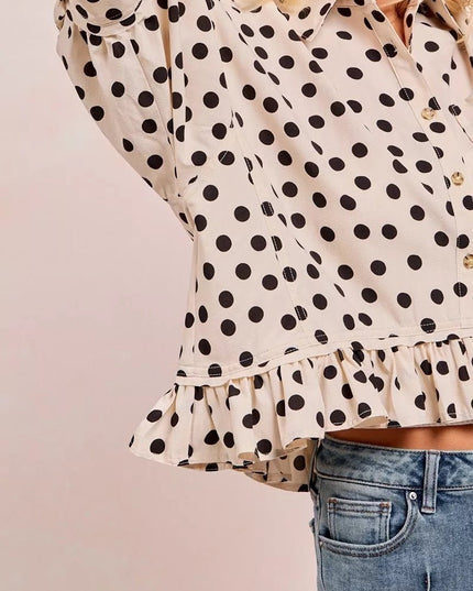 BiBi Polka Dot Printed Peplum Top with Front Button - Sleekdenim.com