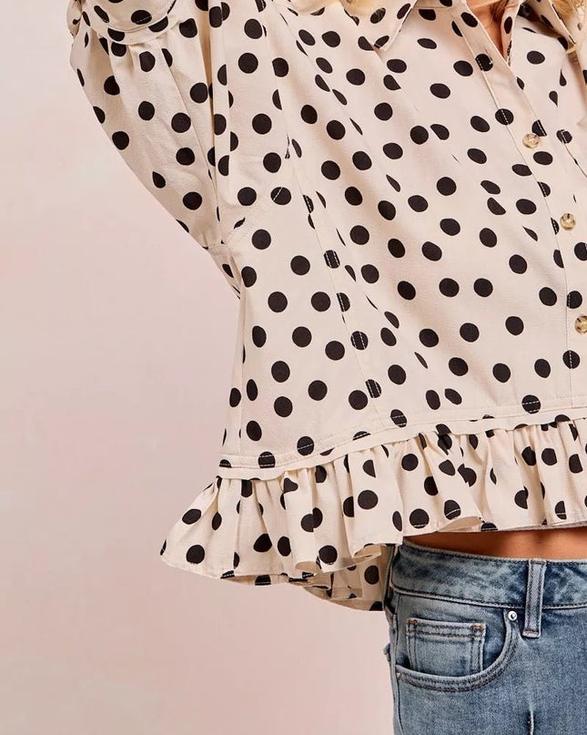 BiBi Polka Dot Printed Peplum Top with Front Button - Sleekdenim.com