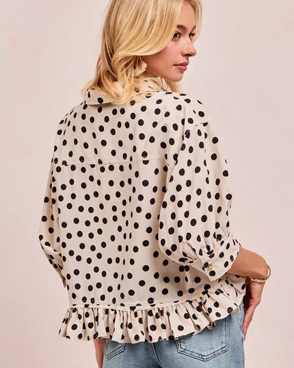 BiBi Polka Dot Printed Peplum Top with Front Button - Sleekdenim.com