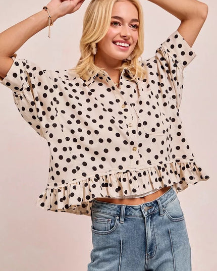 BiBi Polka Dot Printed Peplum Top with Front Button - Sleekdenim.com
