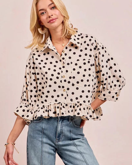 BiBi Polka Dot Printed Peplum Top with Front Button - Sleekdenim.com