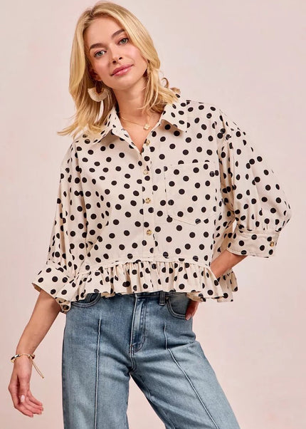 BiBi Polka Dot Printed Peplum Top with Front Button - Sleekdenim.com