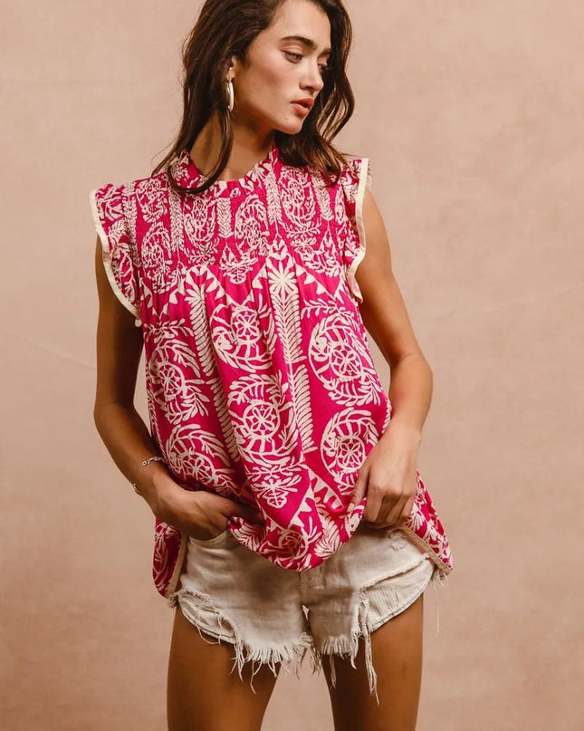 BiBi Printed Ruffle Sleeve Top - Sleekdenim.com