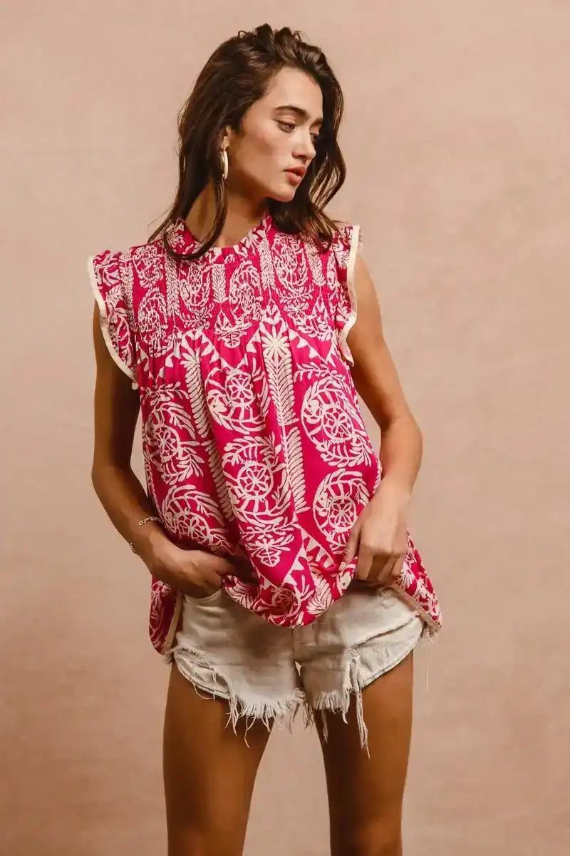 BiBi Printed Ruffle Sleeve Top - Sleekdenim.com