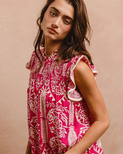 BiBi Printed Ruffle Sleeve Top - Sleekdenim.com