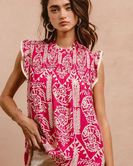 BiBi Printed Ruffle Sleeve Top - Sleekdenim.com