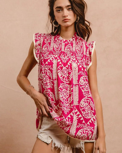 BiBi Printed Ruffle Sleeve Top - Sleekdenim.com