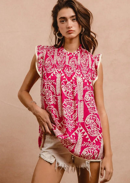 BiBi Printed Ruffle Sleeve Top - Sleekdenim.com