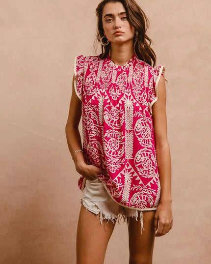 BiBi Printed Ruffle Sleeve Top - Sleekdenim.com