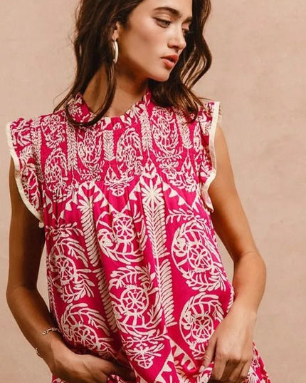 BiBi Printed Ruffle Sleeve Top - Sleekdenim.com