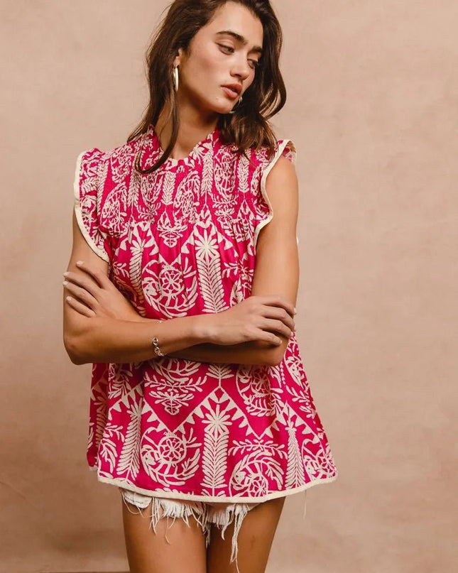 BiBi Printed Ruffle Sleeve Top - Sleekdenim.com