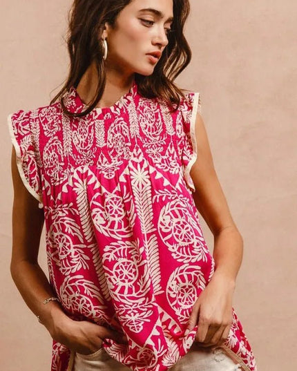 BiBi Printed Ruffle Sleeve Top - Sleekdenim.com