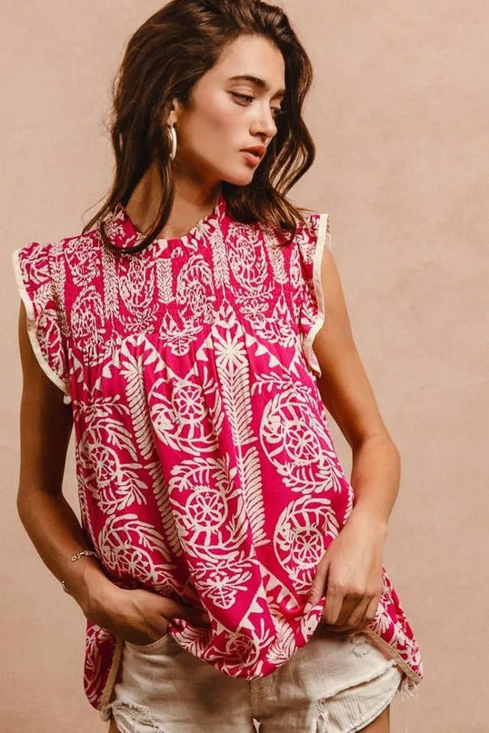 BiBi Printed Ruffle Sleeve Top - Sleekdenim.com