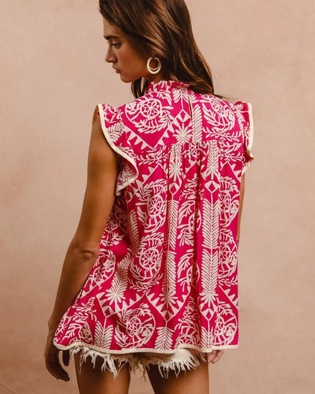 BiBi Printed Ruffle Sleeve Top - Sleekdenim.com