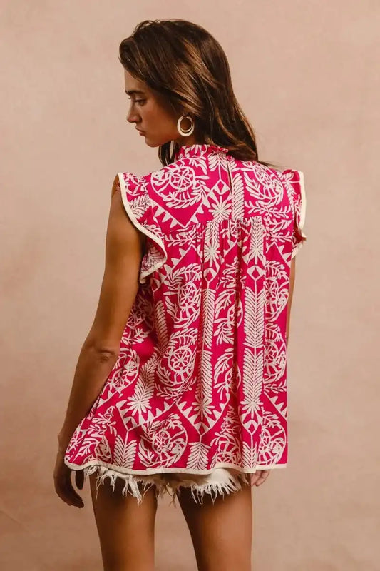 BiBi Printed Ruffle Sleeve Top - Sleekdenim.com