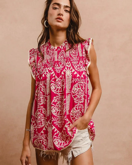 BiBi Printed Ruffle Sleeve Top - Sleekdenim.com