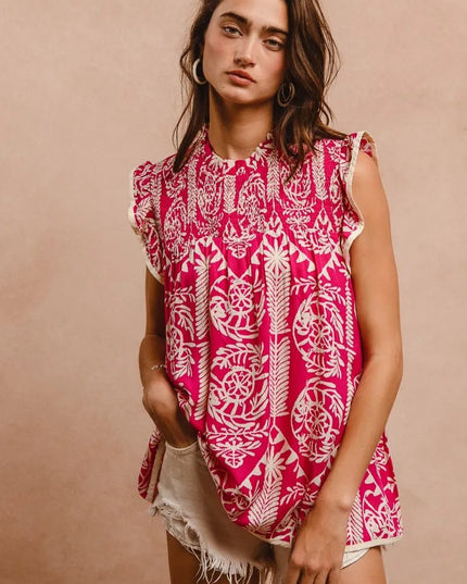 BiBi Printed Ruffle Sleeve Top - Sleekdenim.com