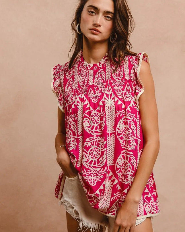 BiBi Printed Ruffle Sleeve Top - Sleekdenim.com