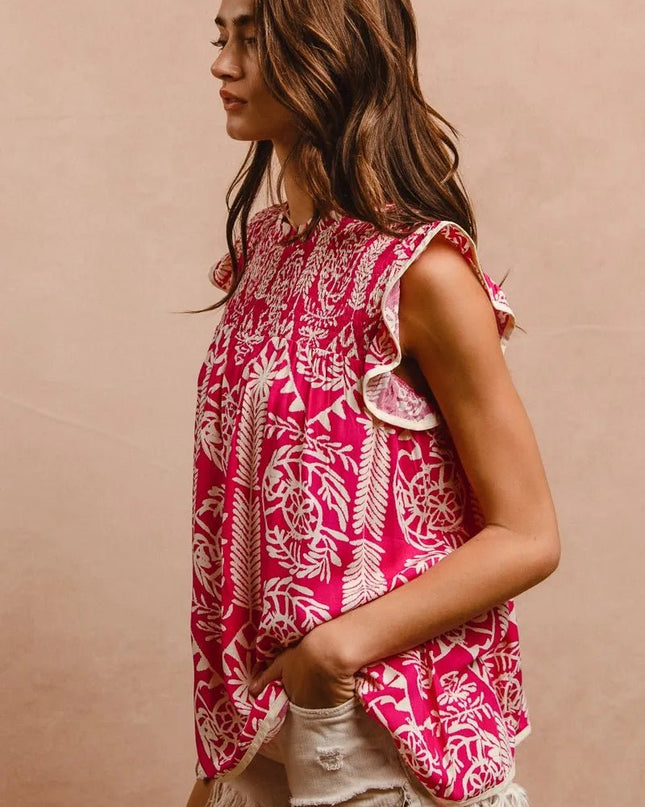 BiBi Printed Ruffle Sleeve Top - Sleekdenim.com