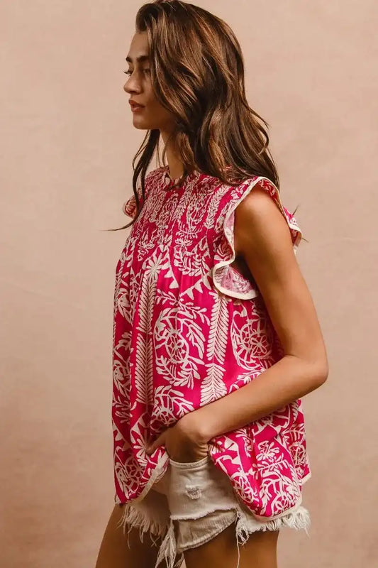 BiBi Printed Ruffle Sleeve Top - Sleekdenim.com