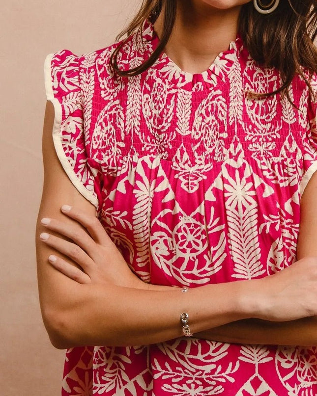 BiBi Printed Ruffle Sleeve Top - Sleekdenim.com