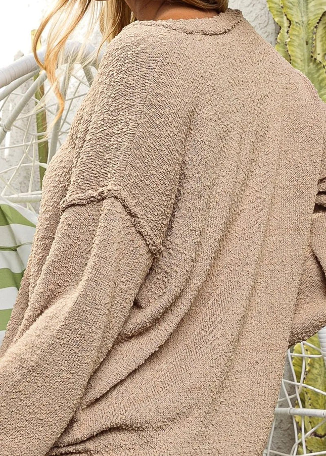 BiBi Raw Edged Popcorn Texture V - neck Sweater - Sleekdenim.com