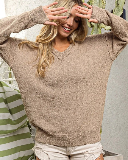 BiBi Raw Edged Popcorn Texture V - neck Sweater - Sleekdenim.com