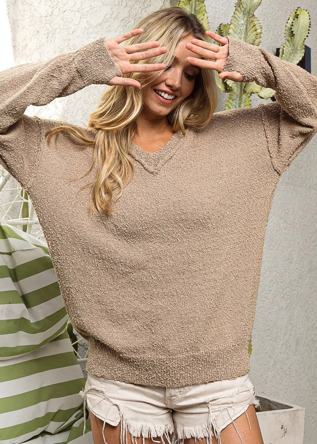 BiBi Raw Edged Popcorn Texture V - neck Sweater - Sleekdenim.com