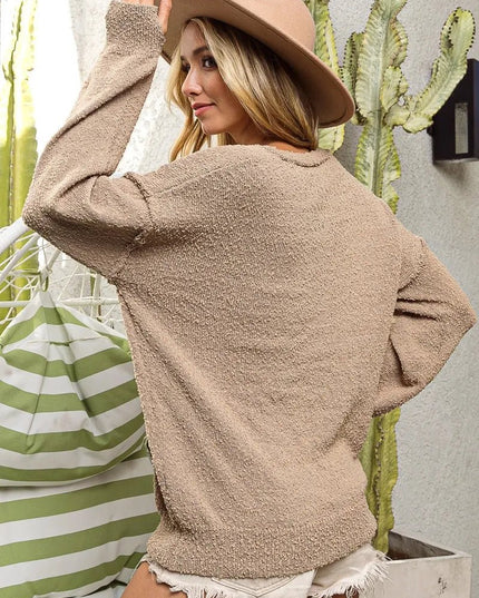 BiBi Raw Edged Popcorn Texture V - neck Sweater - Sleekdenim.com