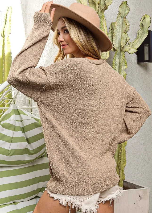 BiBi Raw Edged Popcorn Texture V - neck Sweater - Sleekdenim.com