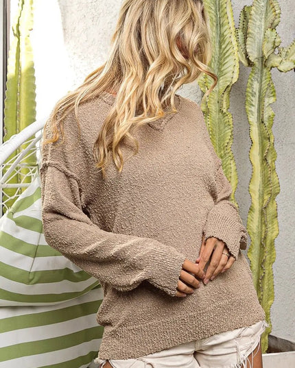 BiBi Raw Edged Popcorn Texture V - neck Sweater - Sleekdenim.com
