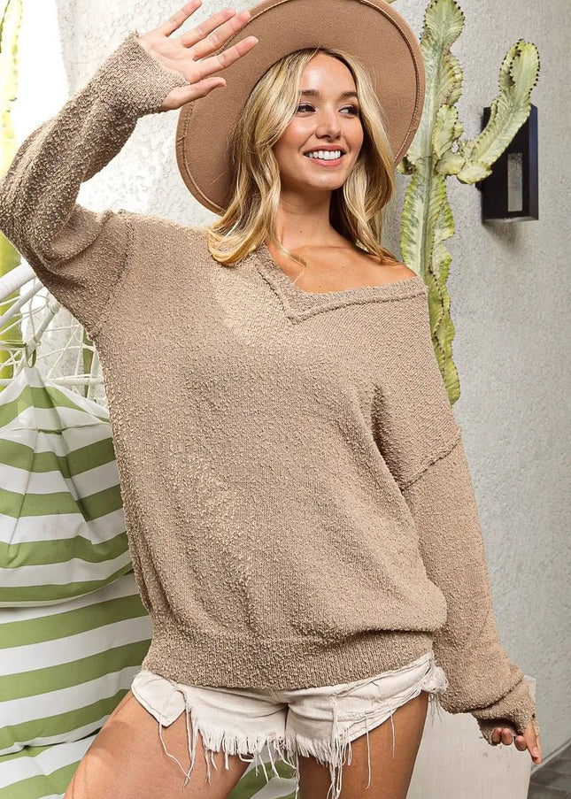 BiBi Raw Edged Popcorn Texture V - neck Sweater - Sleekdenim.com