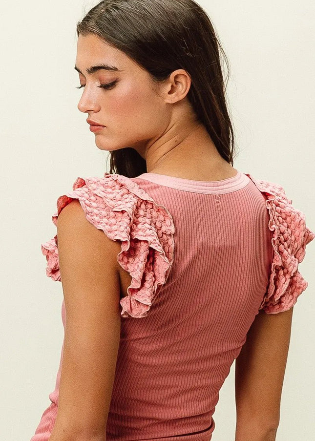 BiBi Rib Knit With Textured Ruffled Top - Sleekdenim.com