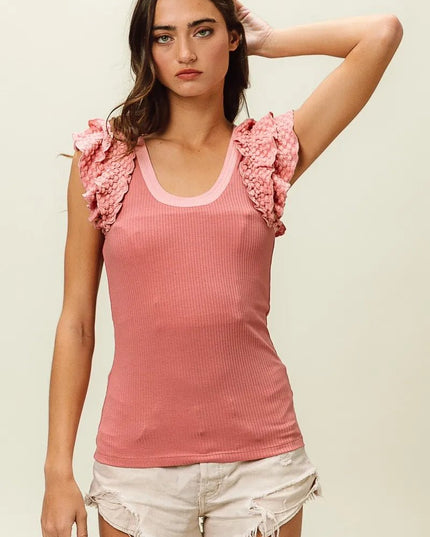 BiBi Rib Knit With Textured Ruffled Top - Sleekdenim.com