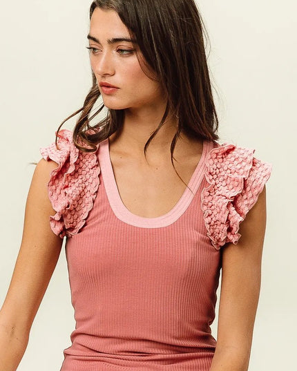 BiBi Rib Knit With Textured Ruffled Top - Sleekdenim.com