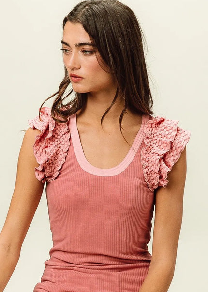 BiBi Rib Knit With Textured Ruffled Top - Sleekdenim.com