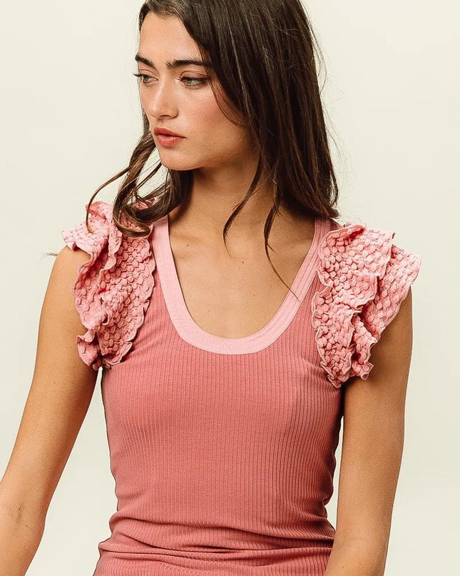 BiBi Rib Knit With Textured Ruffled Top - Sleekdenim.com