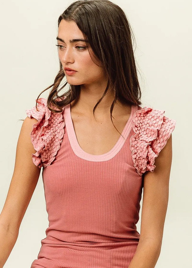 BiBi Rib Knit With Textured Ruffled Top - Sleekdenim.com