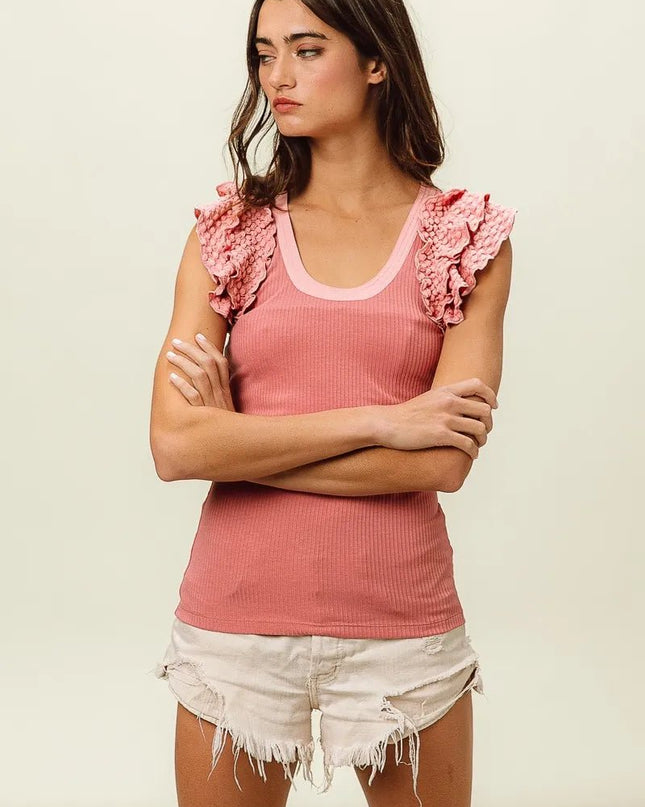 BiBi Rib Knit With Textured Ruffled Top - Sleekdenim.com