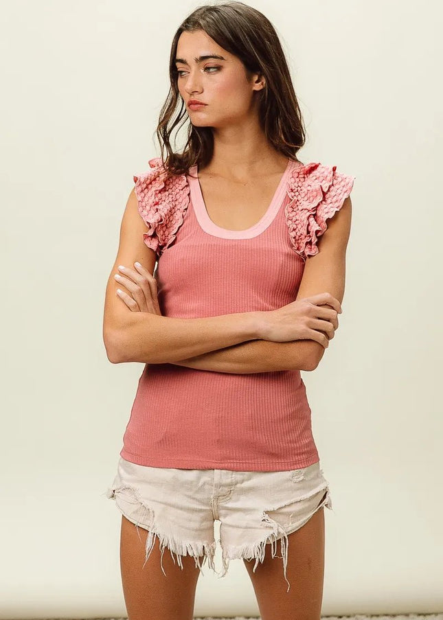 BiBi Rib Knit With Textured Ruffled Top - Sleekdenim.com