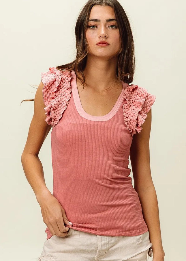 BiBi Rib Knit With Textured Ruffled Top - Sleekdenim.com