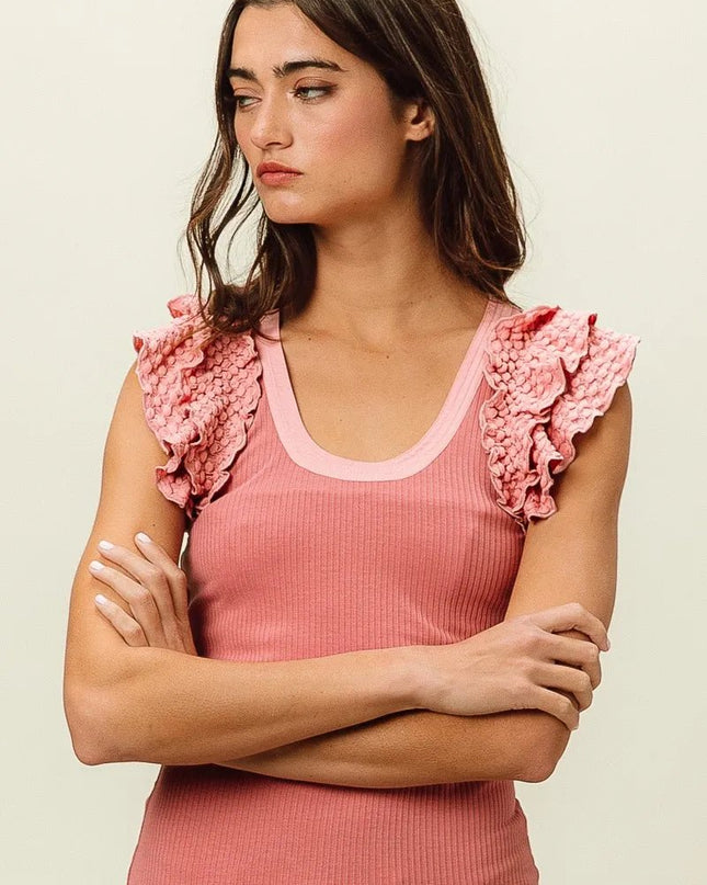 BiBi Rib Knit With Textured Ruffled Top - Sleekdenim.com