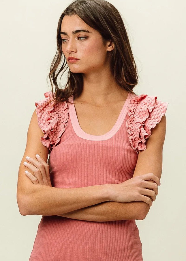 BiBi Rib Knit With Textured Ruffled Top - Sleekdenim.com