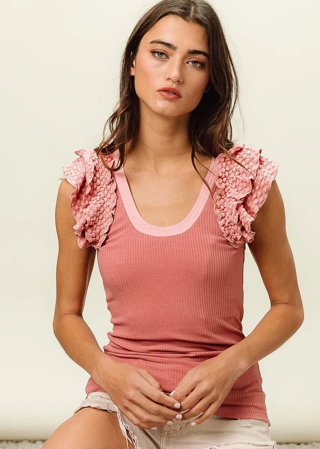 BiBi Rib Knit With Textured Ruffled Top - Sleekdenim.com